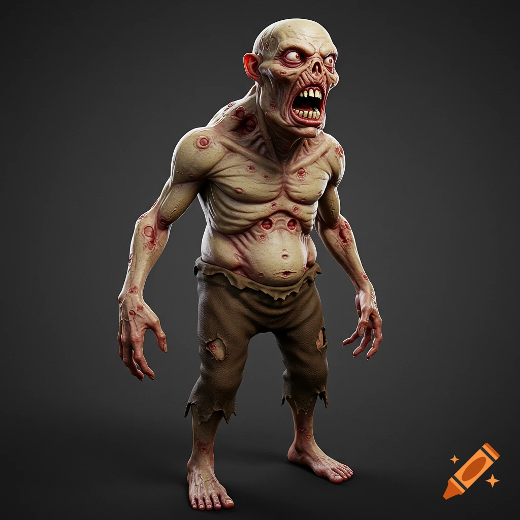 A full-body render of a grotesque zombie character with wrinkled skin, exposed wounds, and ripped pants, standing with arms outstretched.