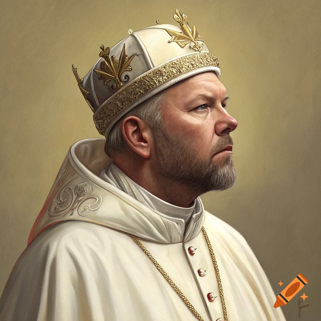 Portrait of a man resembling Fred Durst wearing a Pope's crown and robes, looking away.