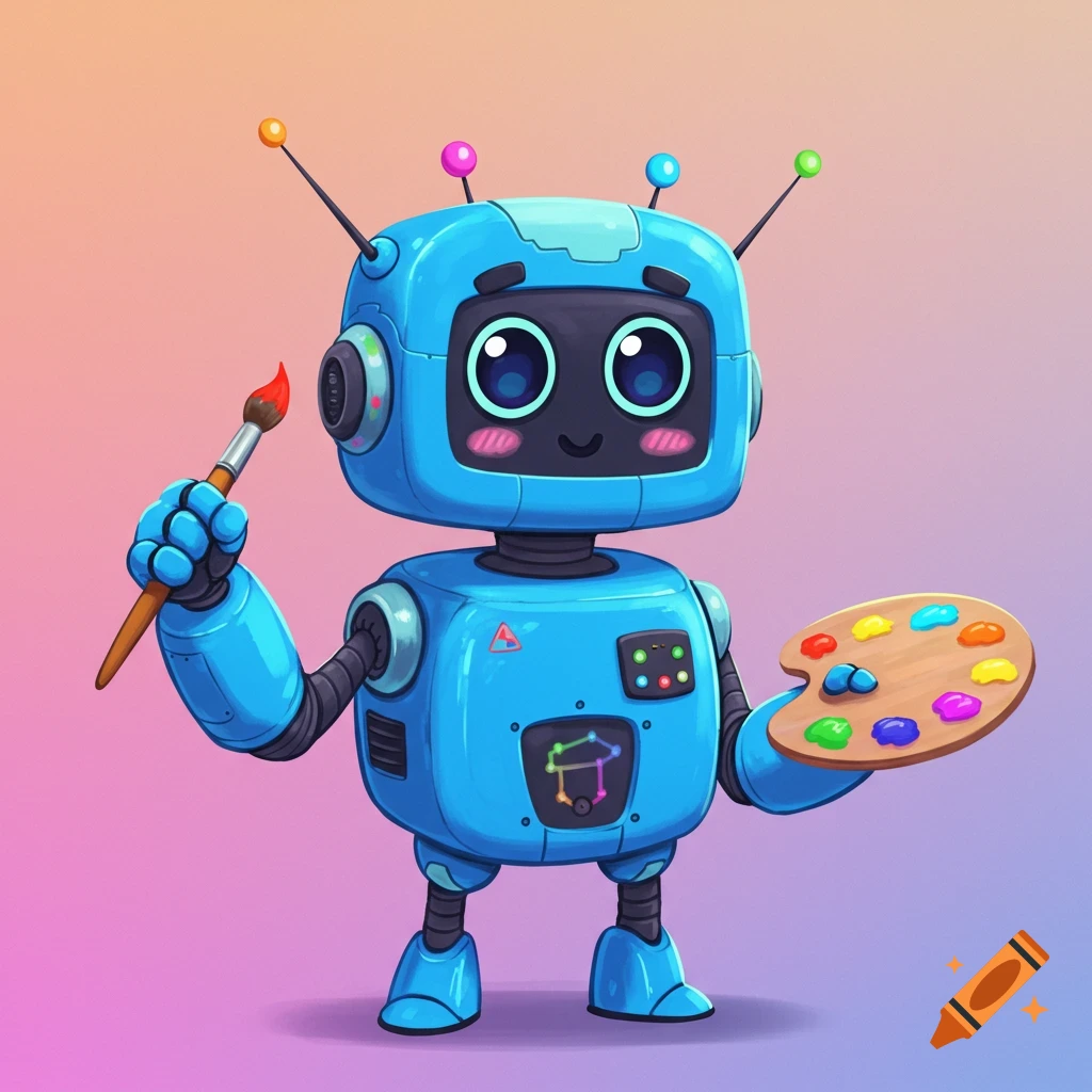 Cute blue robot holding paintbrush and paint palette.