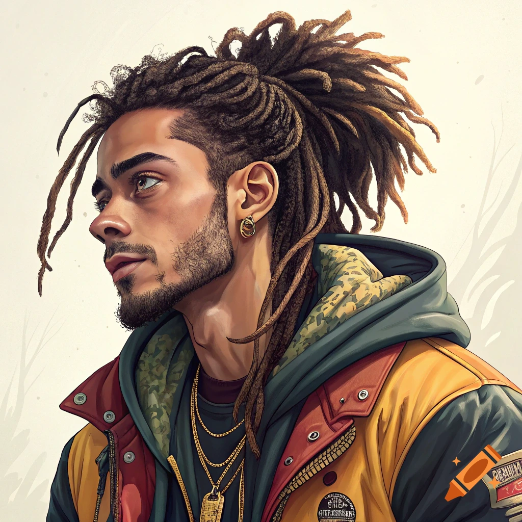 Illustration portrait of a man with dreadlocks looking to the side.