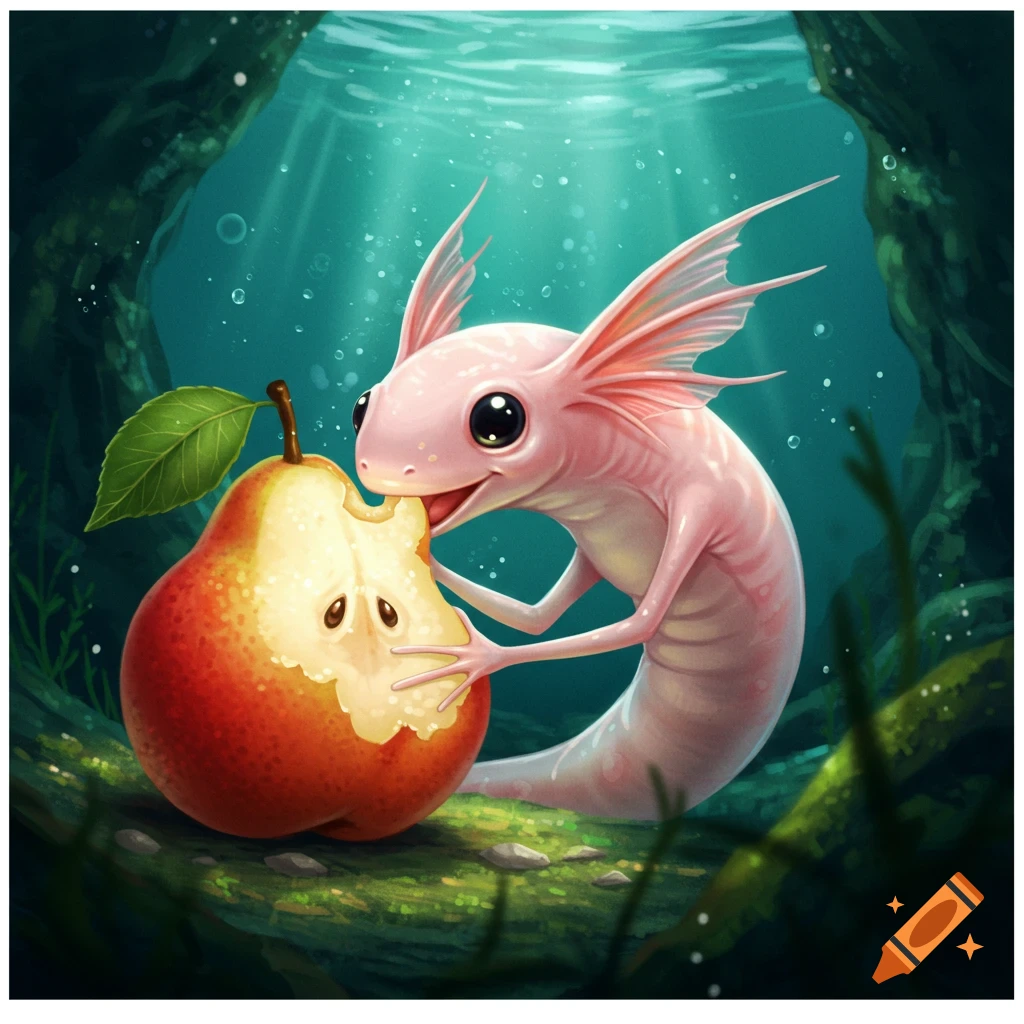 A cute pink axolotl-like creature eats a bitten pear underwater.