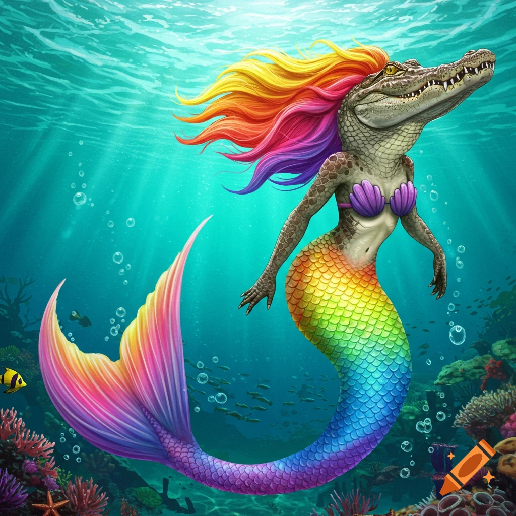 A creature with an alligator head and rainbow mermaid body swims underwater.