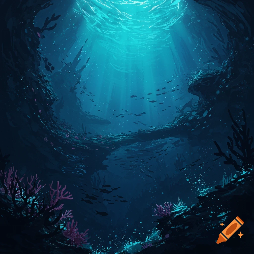 Sunlight streaming into a deep blue underwater cave with coral and fish