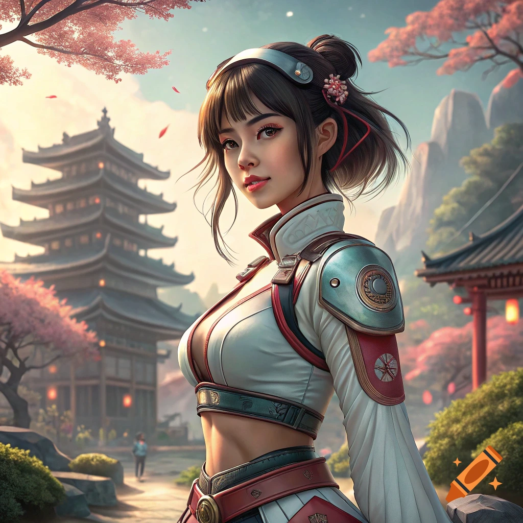 A realistic anime-style girl in fantasy armor stands in a Japanese temple courtyard with cherry blossoms.