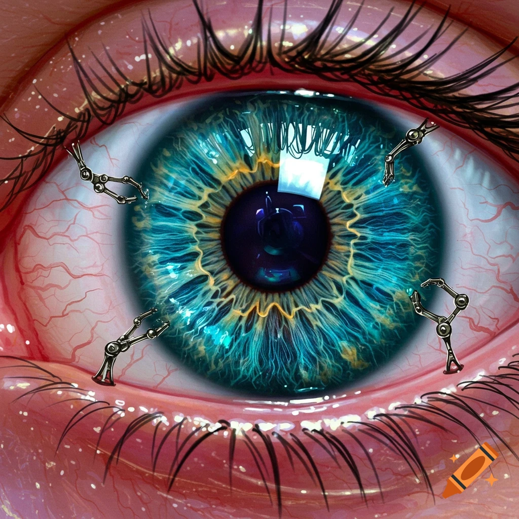 Close-up of a blue eye with small robotic arms manipulating it.