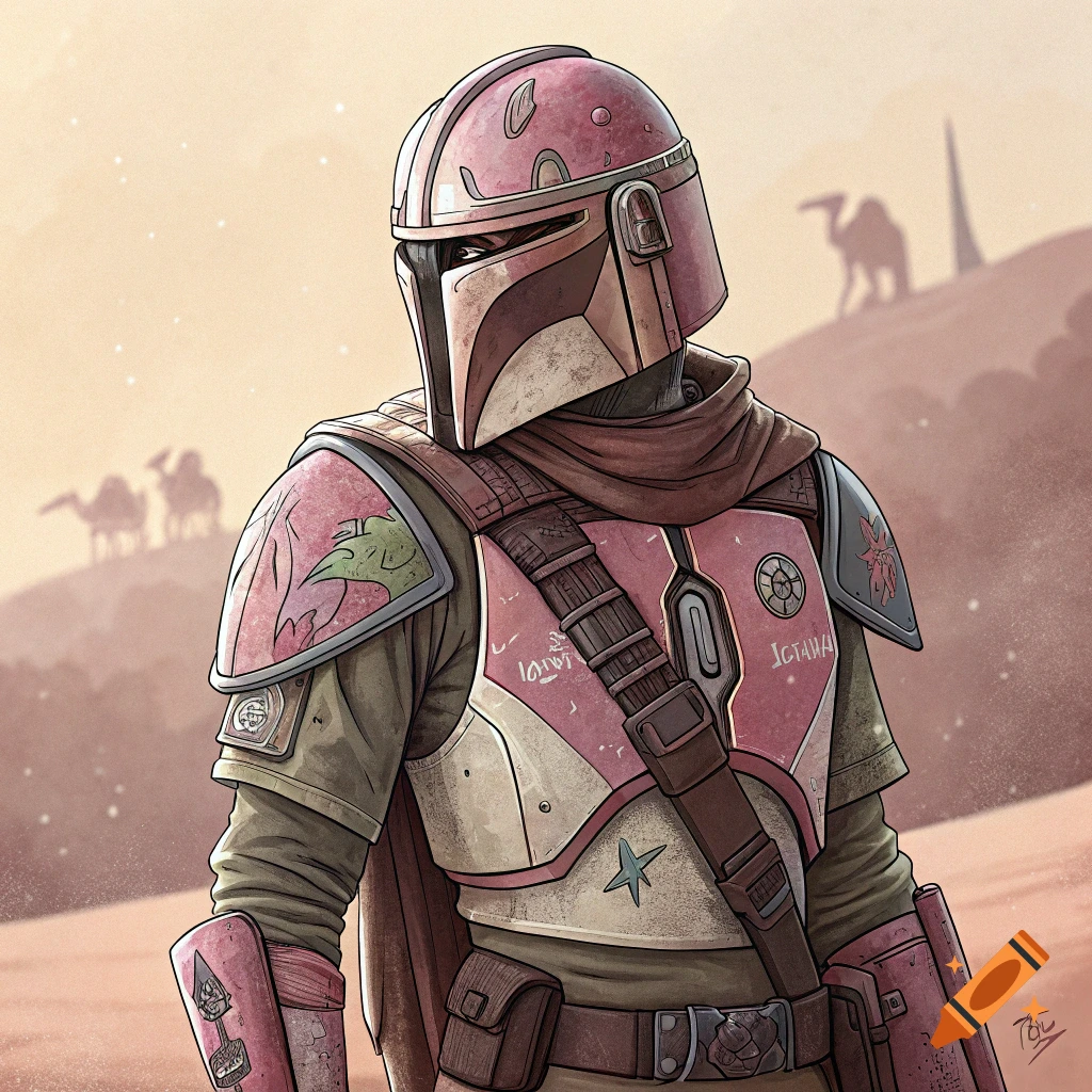 Illustration of a person in pink and earth-toned sci-fi armor standing in a desert with camels in the distance.