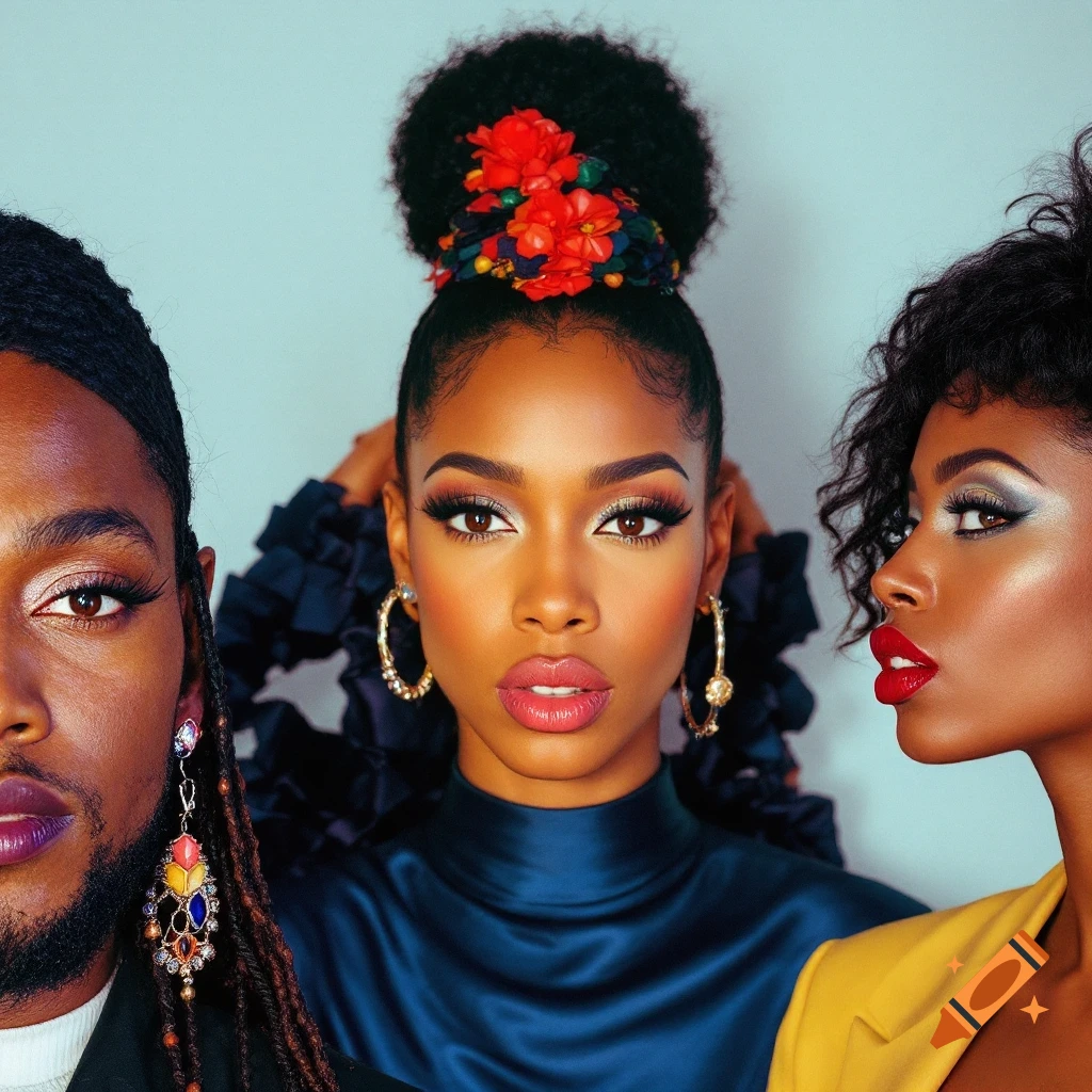 Close-up portrait of three people with elaborate makeup and fashion accessories.