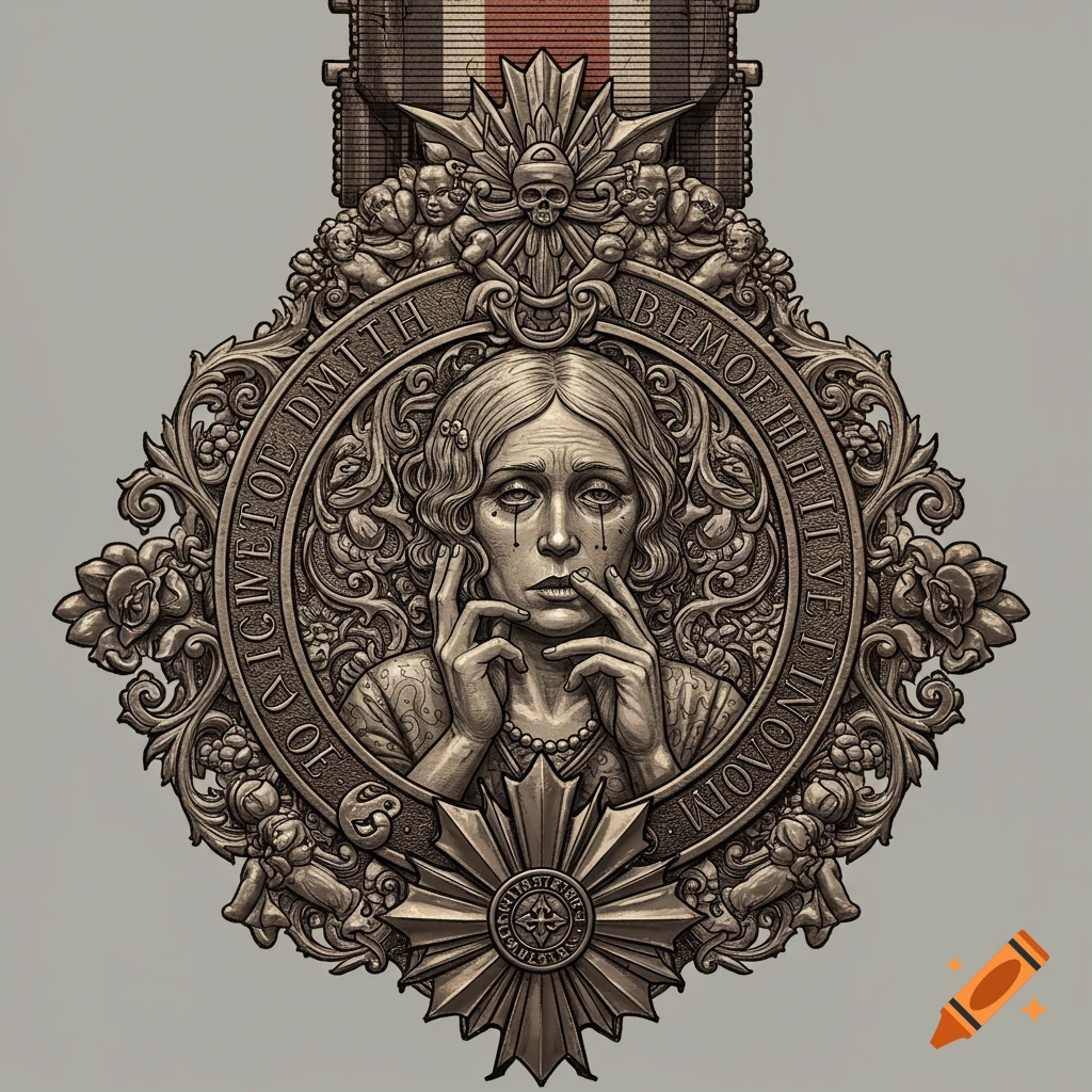 Ornate medal design with a sad woman's portrait at the center, illustration.