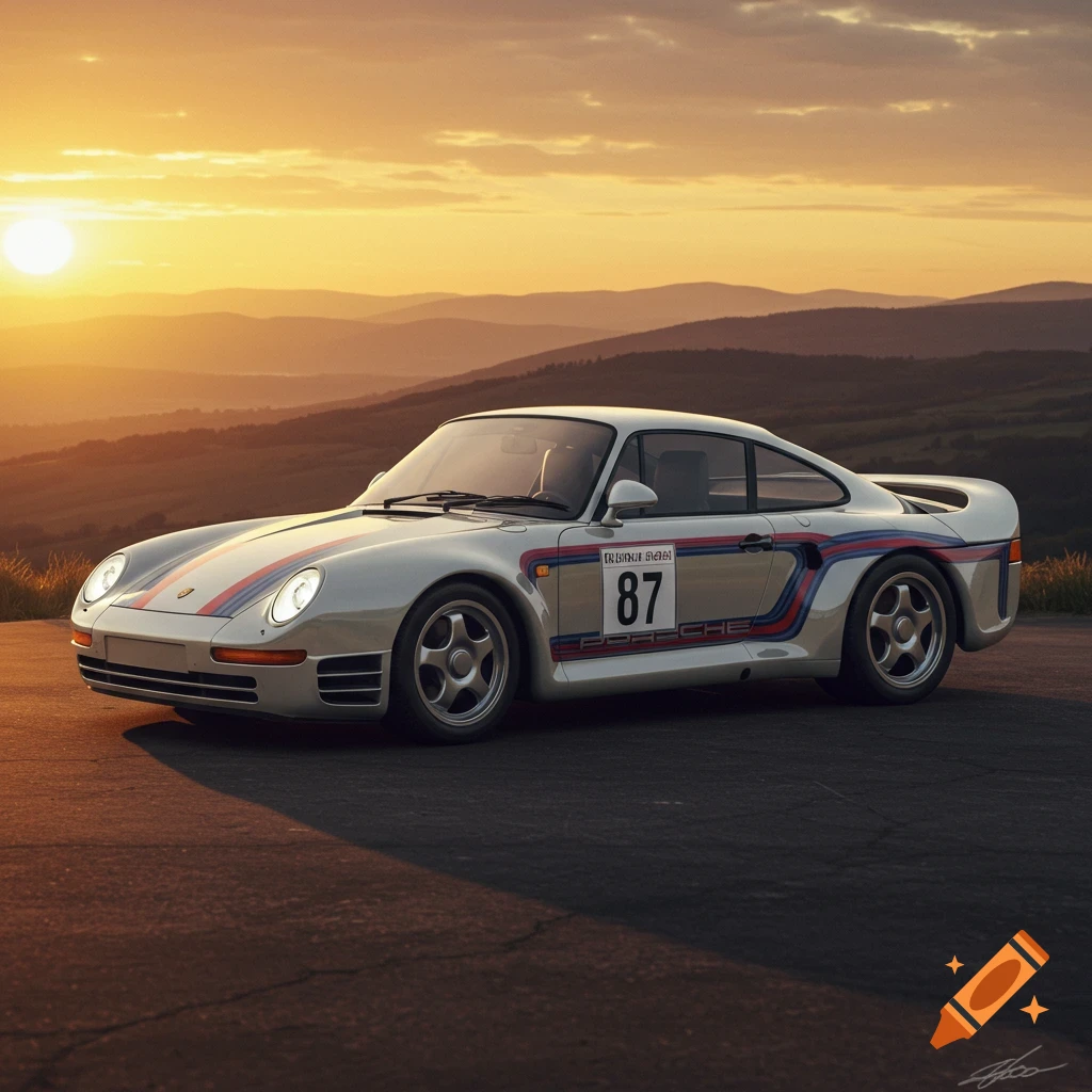 A silver Porsche 959 race car with stripes and number 87 on a road at sunset.