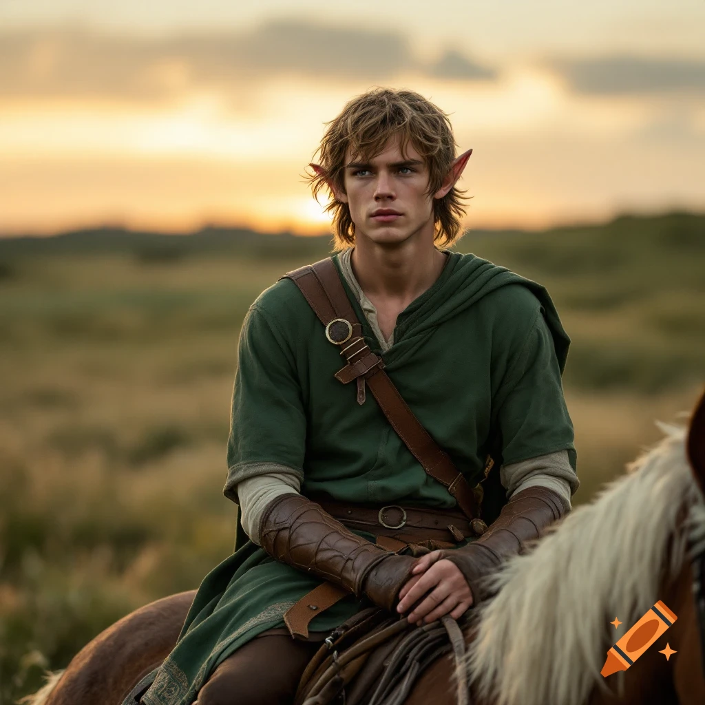 Young man with pointed ears in green tunic rides horse at sunset. Cinematic style.