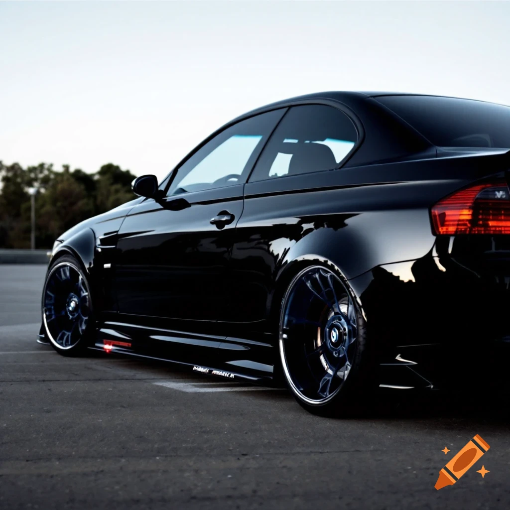 A shiny black BMW coupe parked on asphalt, side view.