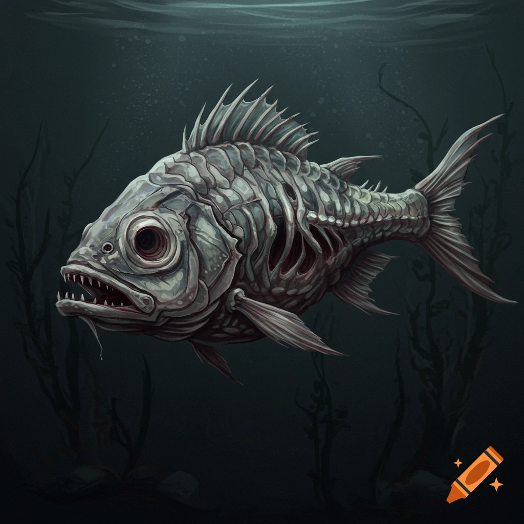 A skeletal fish swimming in dark water.