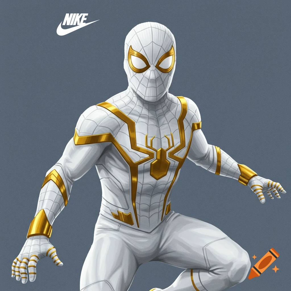 A white and gold superhero character, similar to Spider-Man, poses against a gray background.