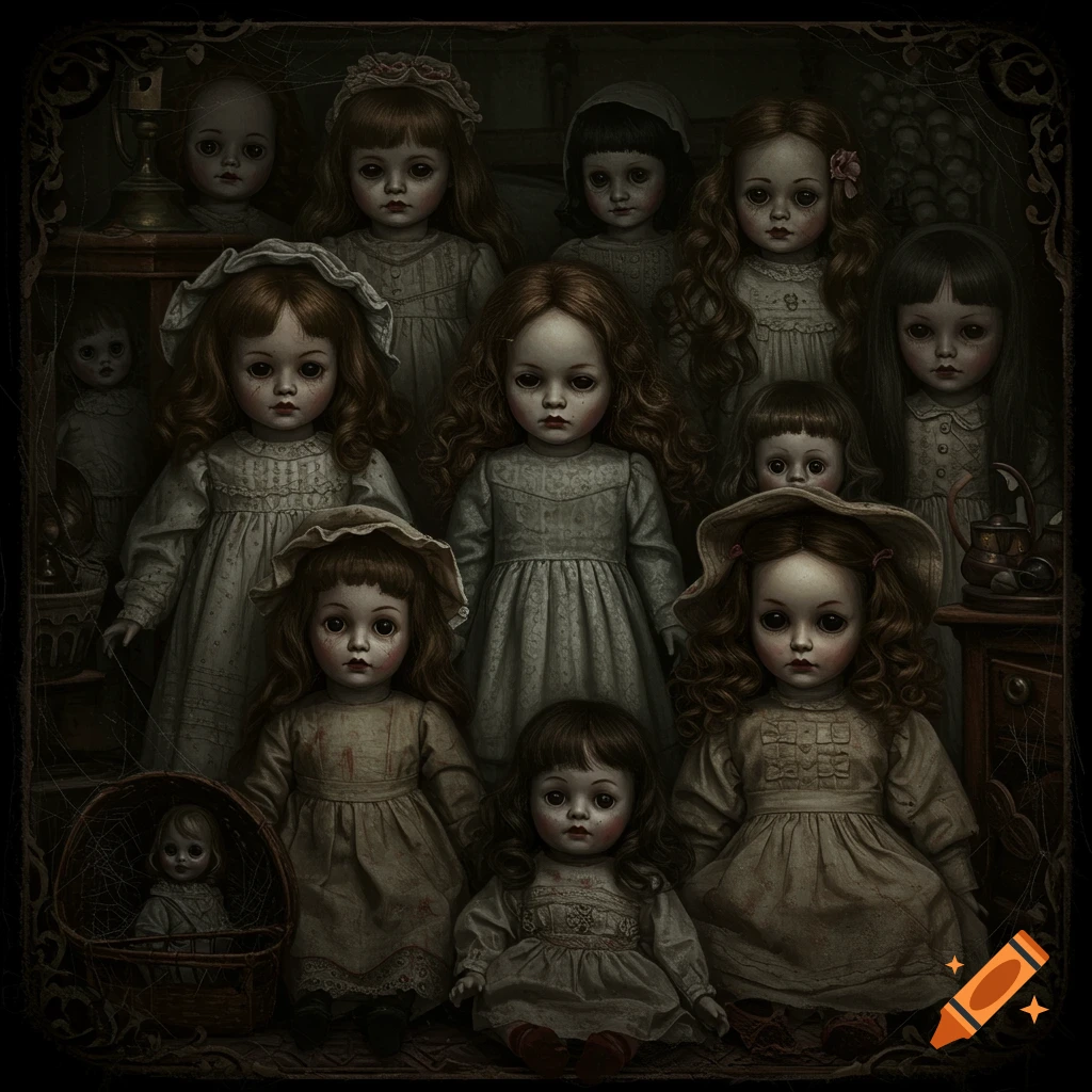 A collection of creepy porcelain dolls in a dark gothic room.
