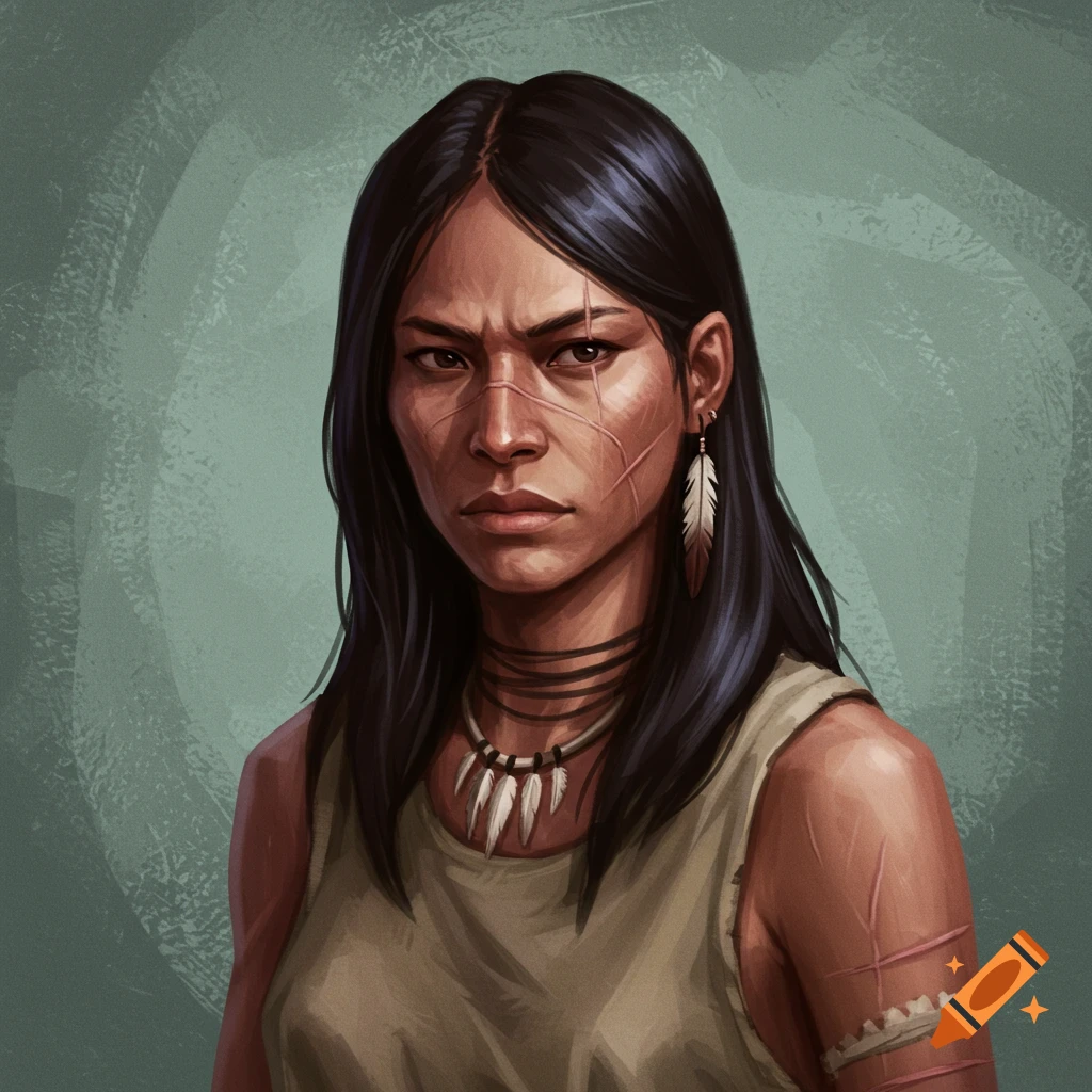 A young Indigenous woman with a scarred face, dark hair, necklace, and feather earring, looking tough.