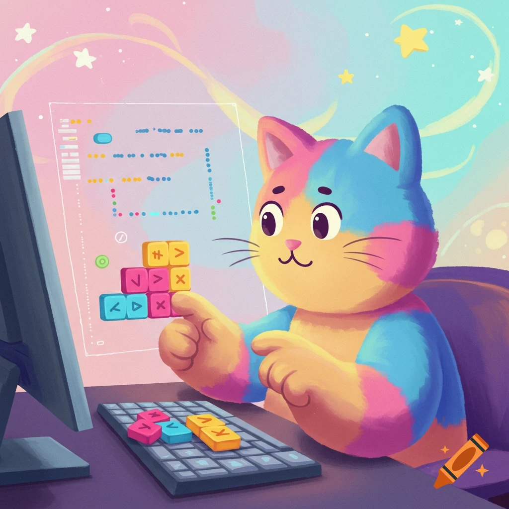 A colorful cartoon cat works on a computer using visual programming blocks.