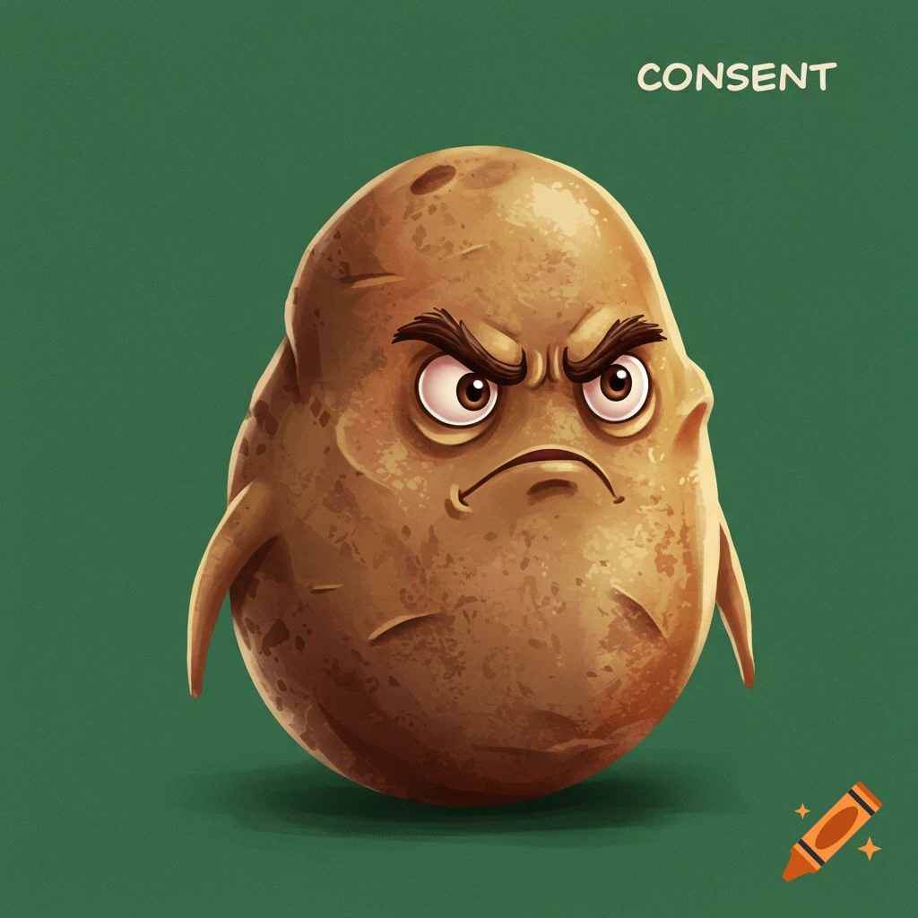 An angry potato with the word CONSENT above it.