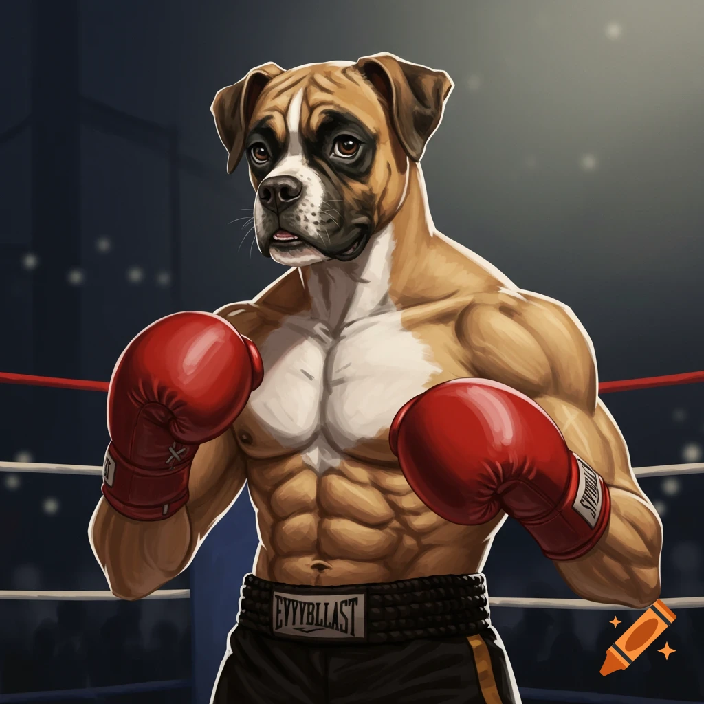 A muscular boxer dog wearing boxing gloves and shorts stands in a boxing ring.