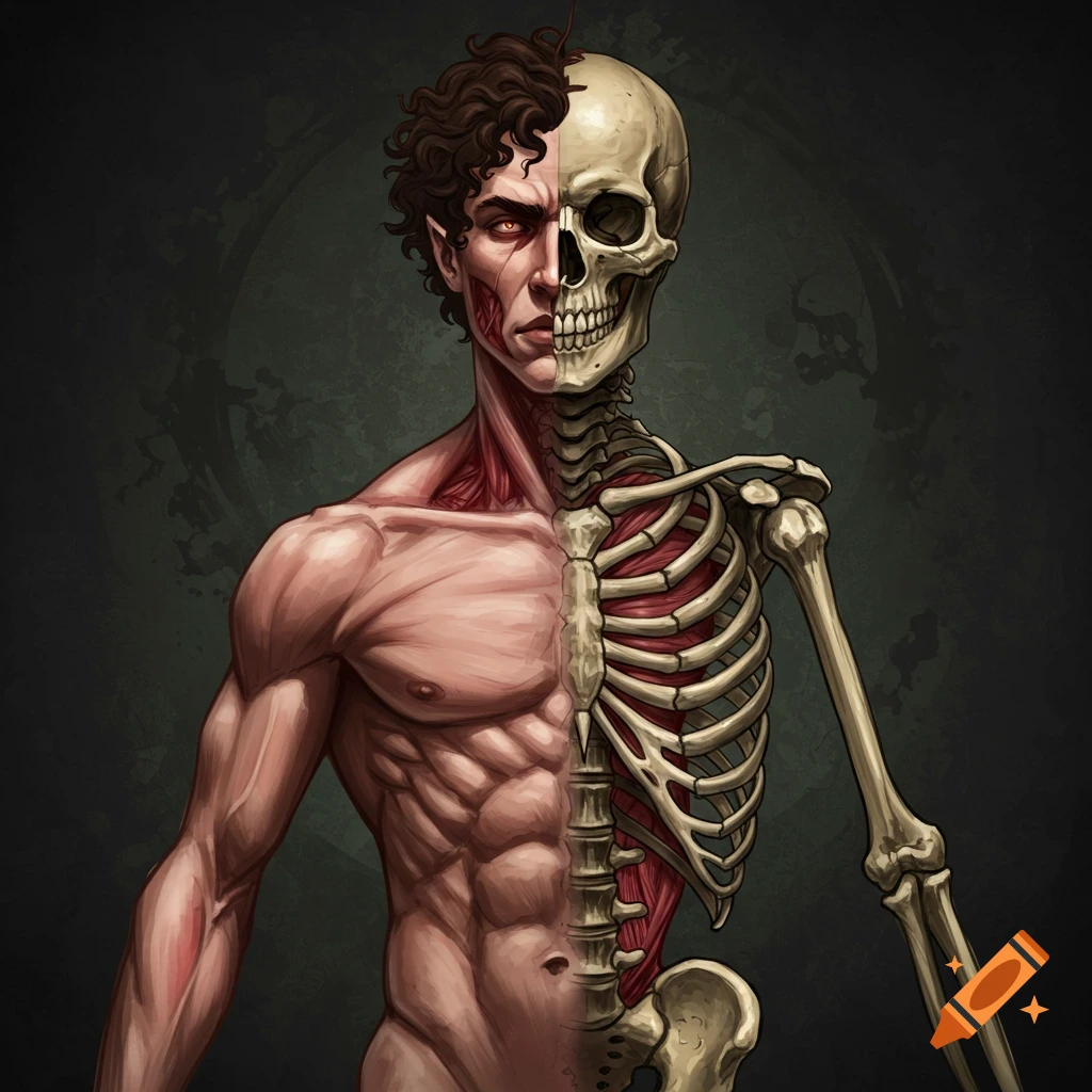 A figure split vertically, showing human anatomy on one side and a skeleton on the other.