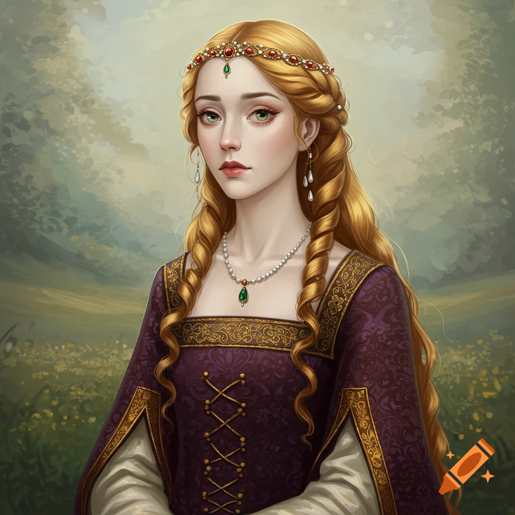A medieval maiden in a purple dress and jeweled headpiece