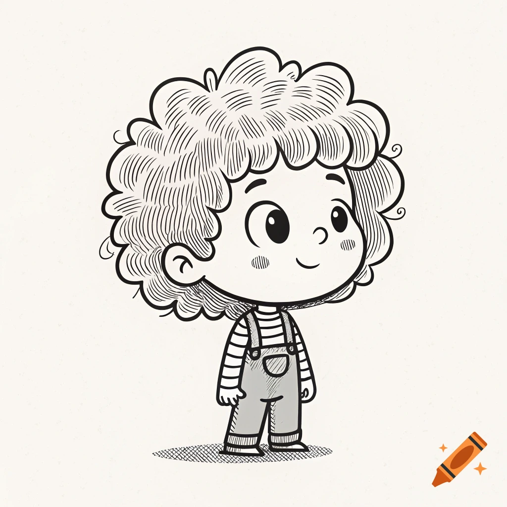 A black and white illustration of a child with curly hair wearing striped shirt and overalls.