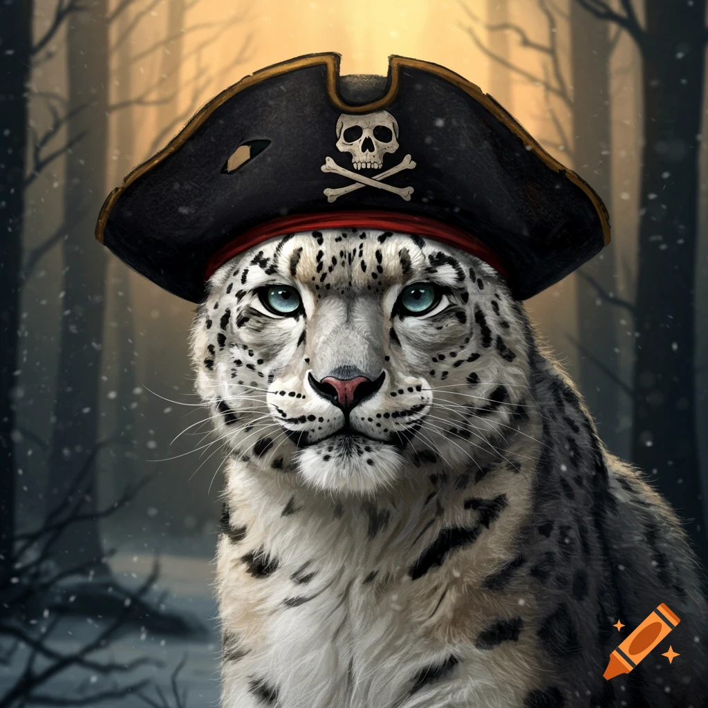 A snow leopard wearing a pirate hat in a snowy forest.