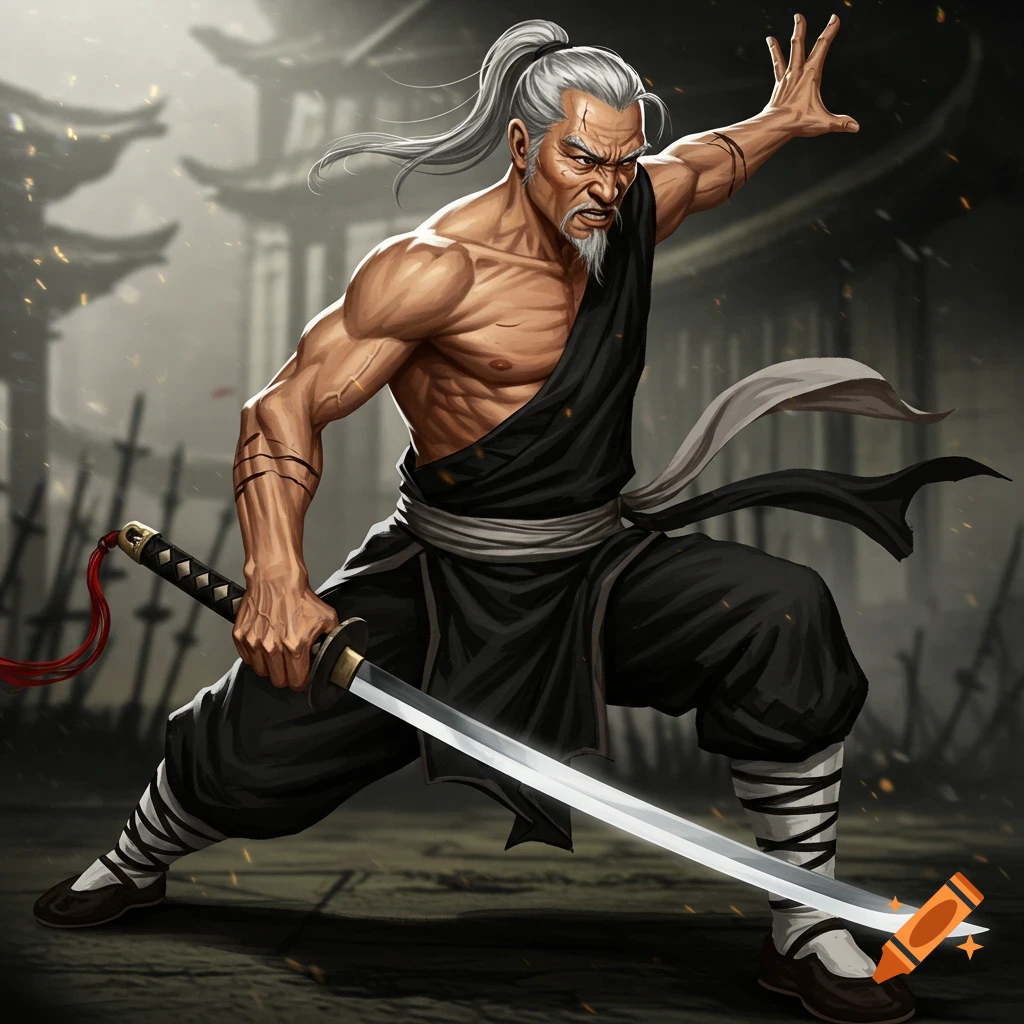 An older martial arts master posing with a sword in a temple courtyard.
