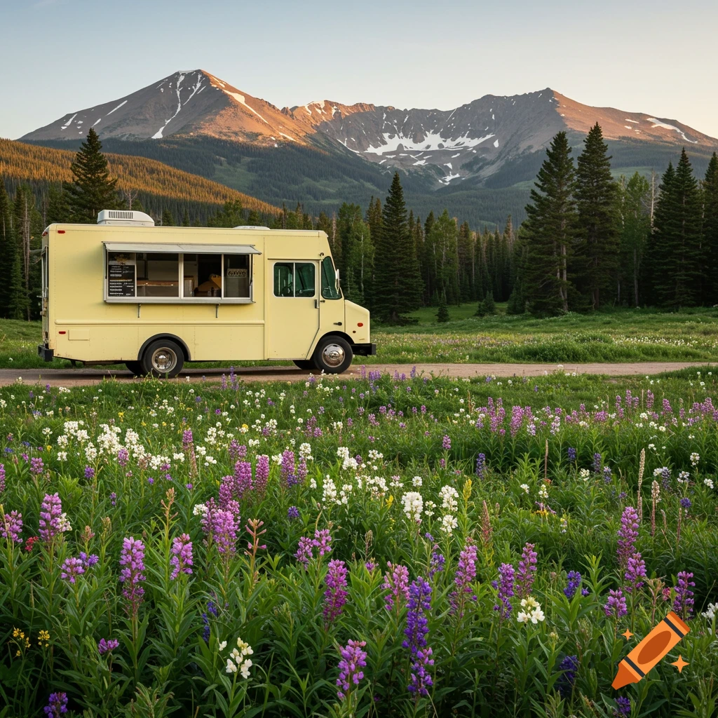 A yellow food truck parked in a field of purple and white wildflowers with mountains in the background at sunset.