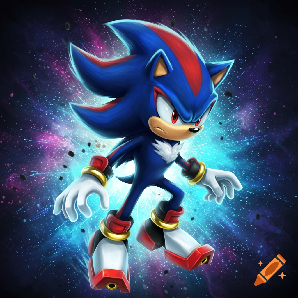 Shadow the Hedgehog stands against a background of blue and purple ...