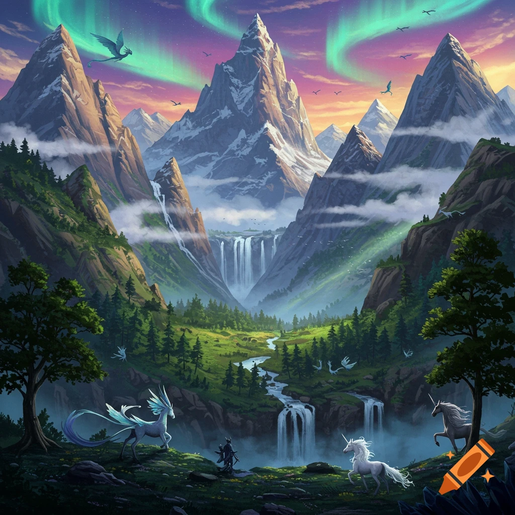 A fantasy landscape featuring mountains, waterfalls, aurora borealis, unicorns, and a flying dragon.