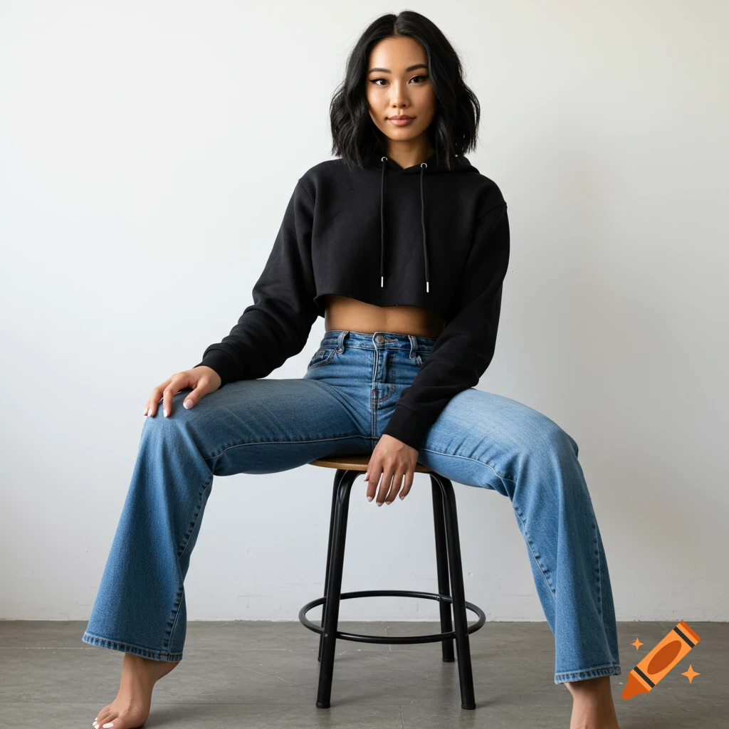 A photo of a woman in a black cropped hoodie and flared jeans sitting on a stool