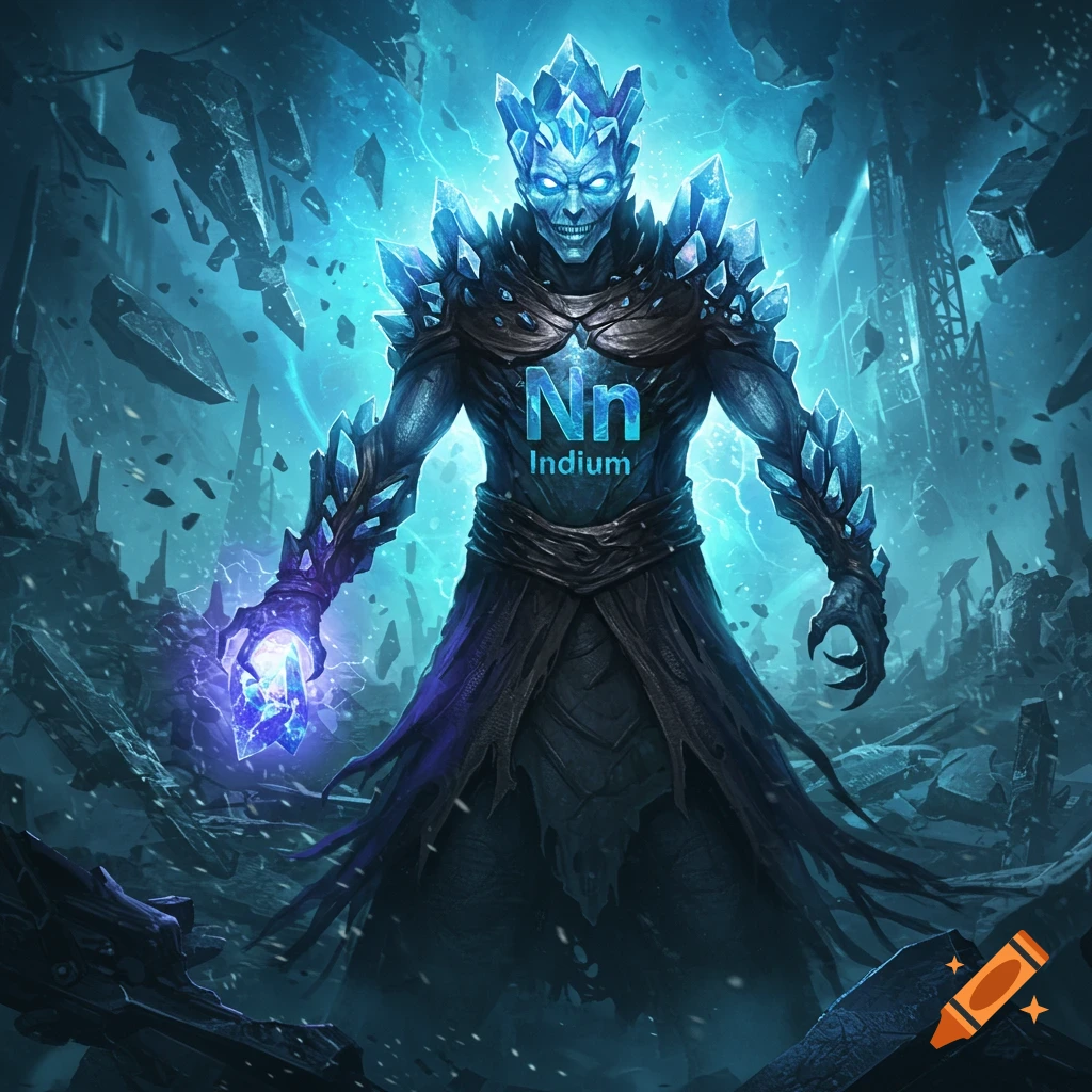 A monstrous blue crystal figure stands in ruins, holding a glowing orb, with text on its chest.