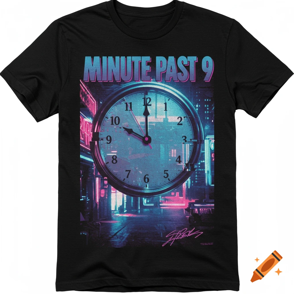 Black t-shirt with graphic of a clock over a neon-lit futuristic city, reading 'MINUTE PAST 9'.