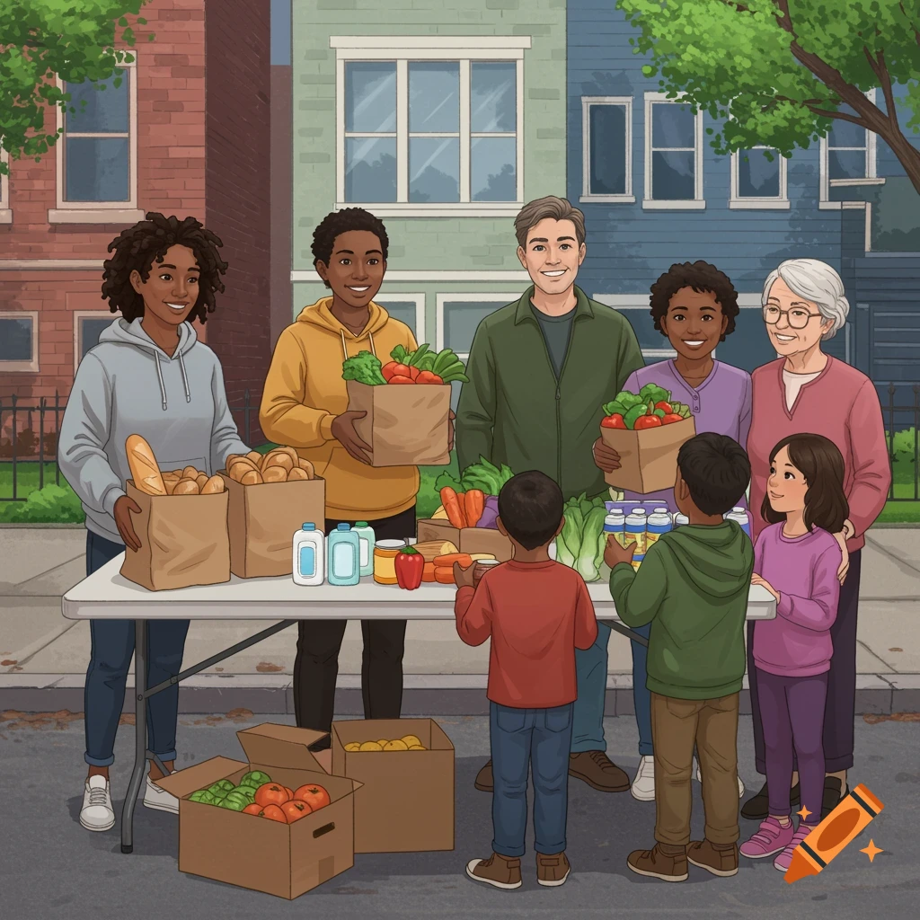 A diverse group distributes food from a table outdoors in an urban neighborhood.