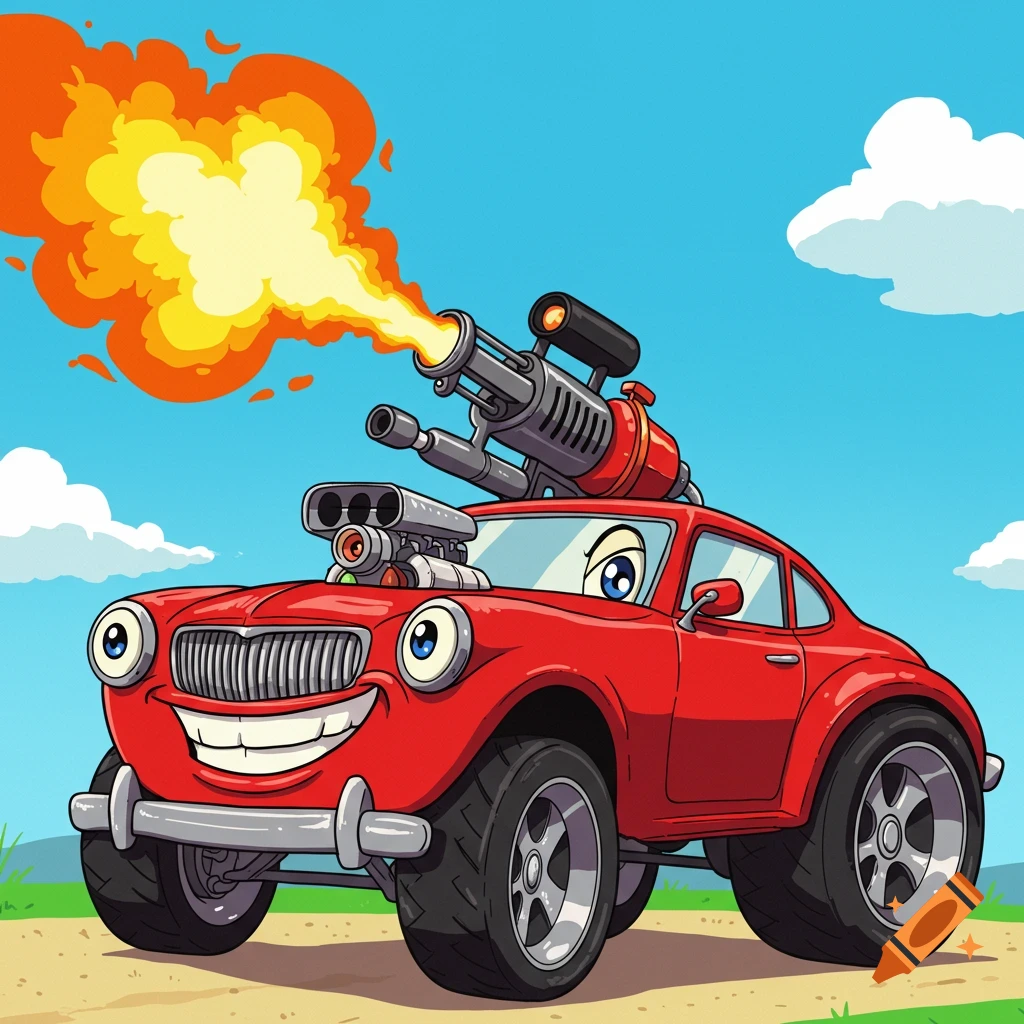 A red cartoon car with a smiling face fires flames from a large roof-mounted gun.
