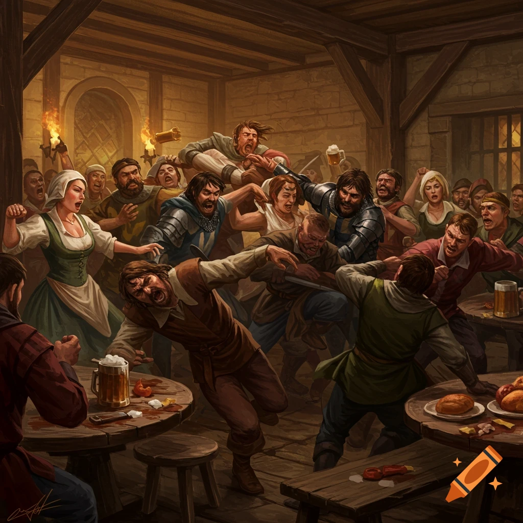 A chaotic brawl in a crowded medieval tavern.