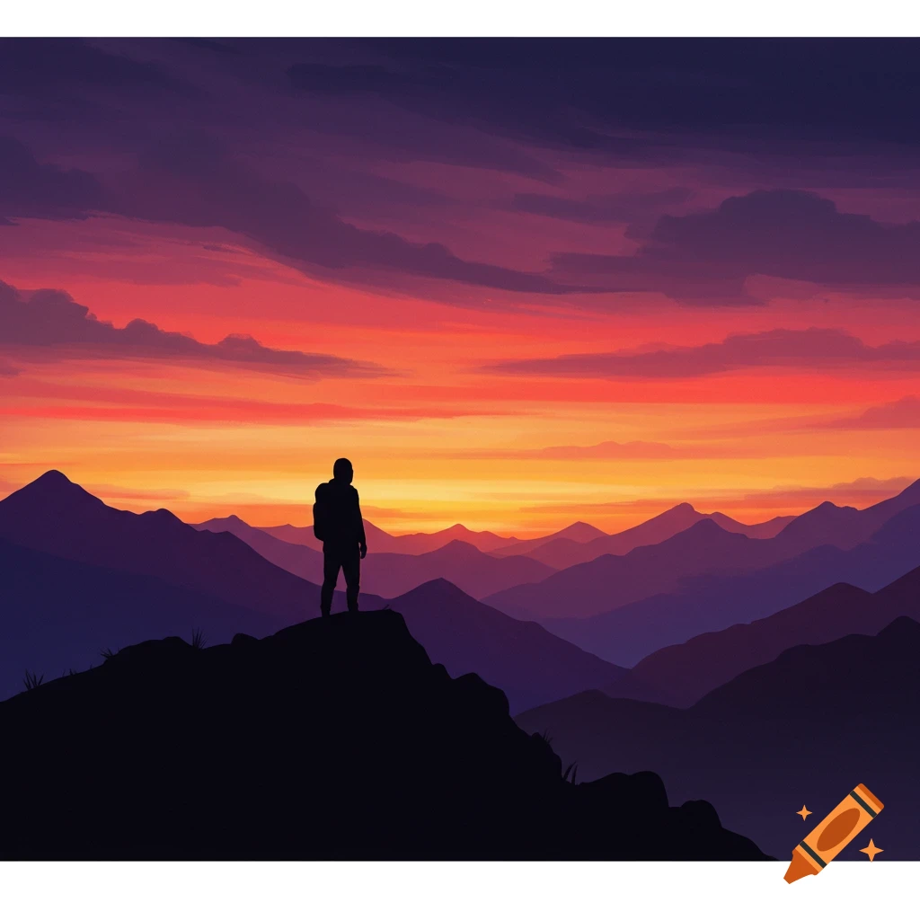 Silhouette of a person overlooking mountains and a vibrant sunset.