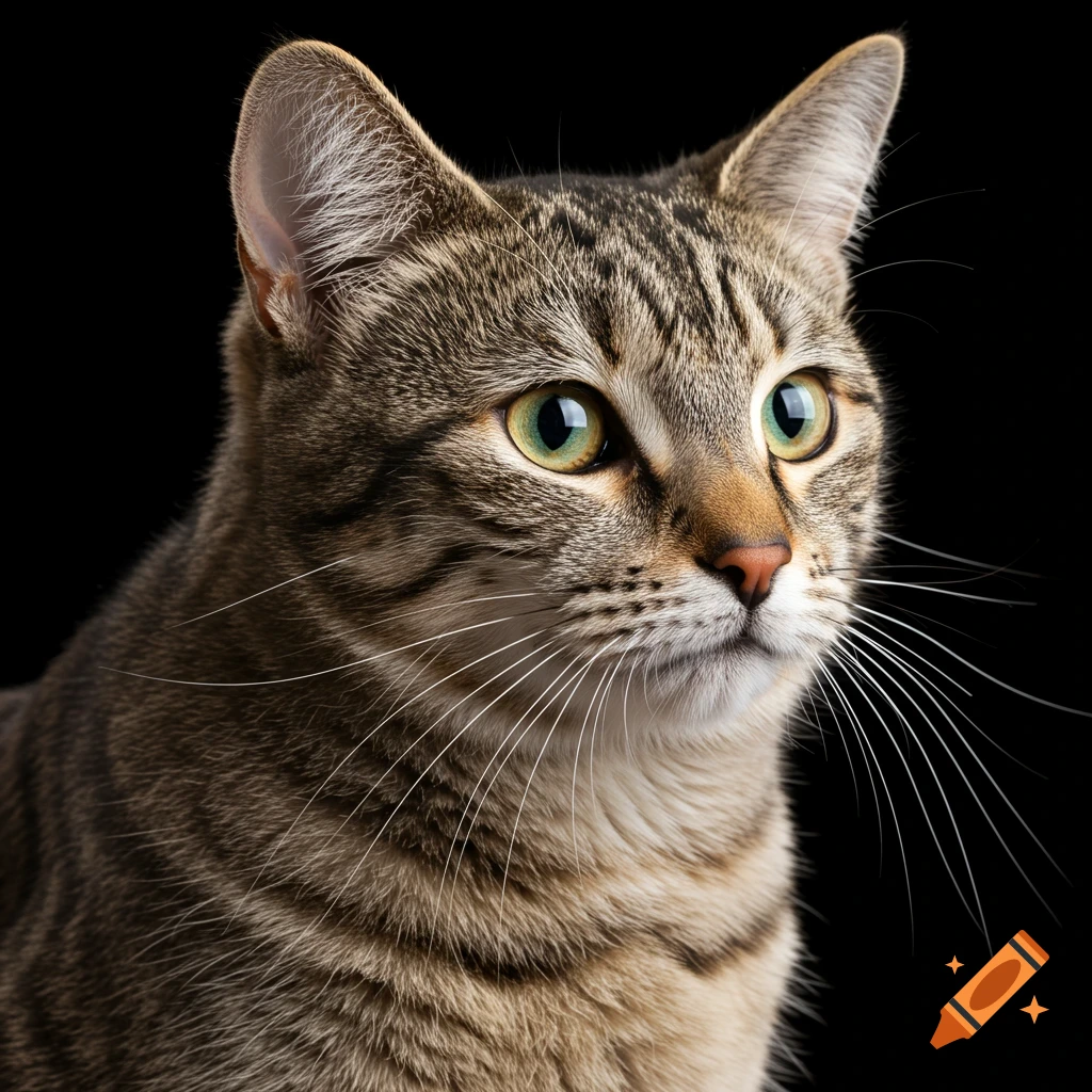 Close-up portrait of a tabby cat with green eyes on a black background.