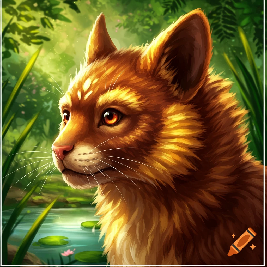 A cat with glowing eyes by a stream in a forest