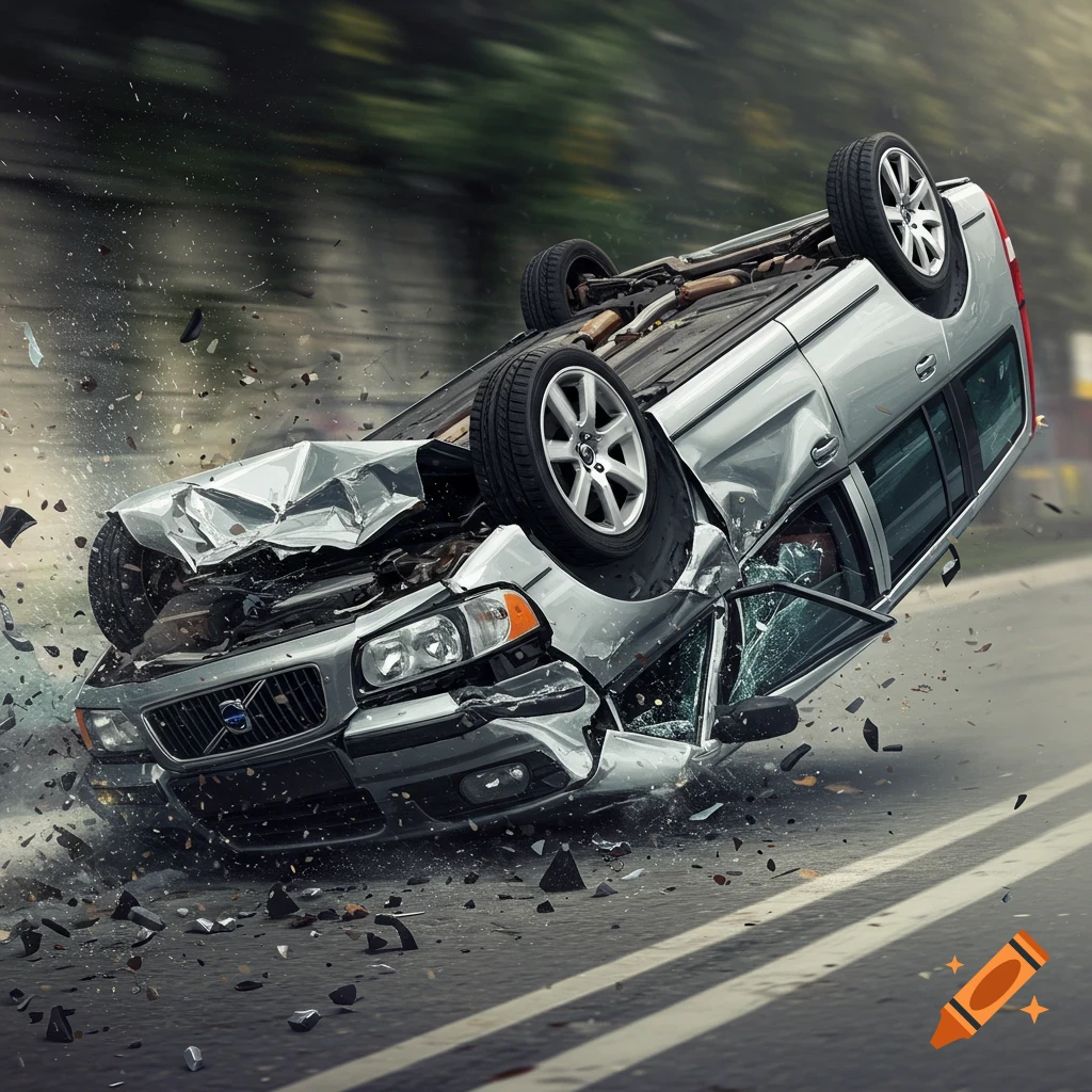 A silver Volvo wagon flipped over in a car crash on a road.