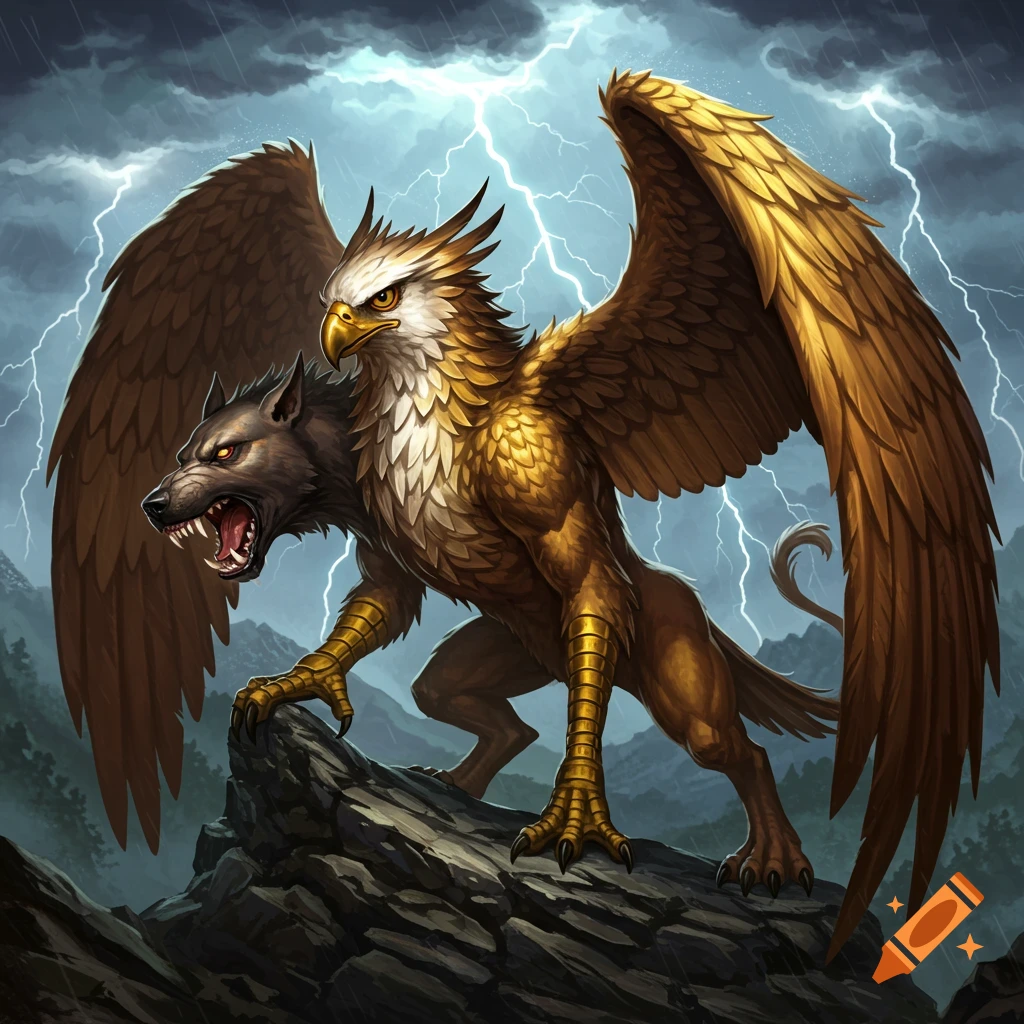 A two-headed griffin and wolf creature stands on a rock during a lightning storm.