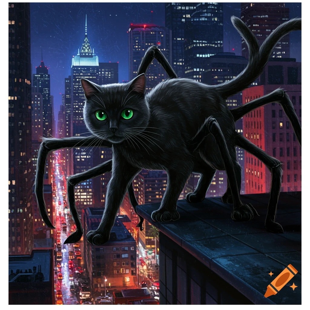 A black spider-cat stands on a rooftop overlooking a city at night.