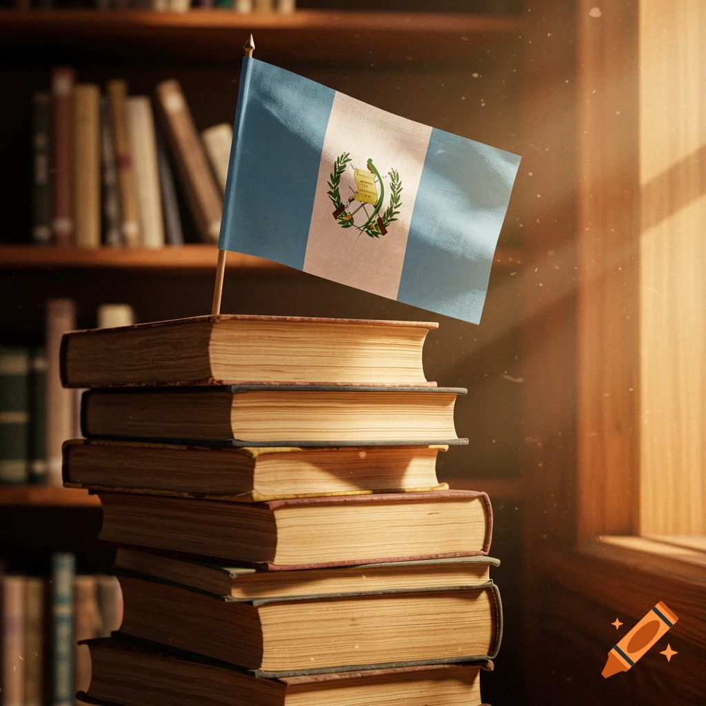 Stack of old books with a Guatemalan flag on top in a library setting.