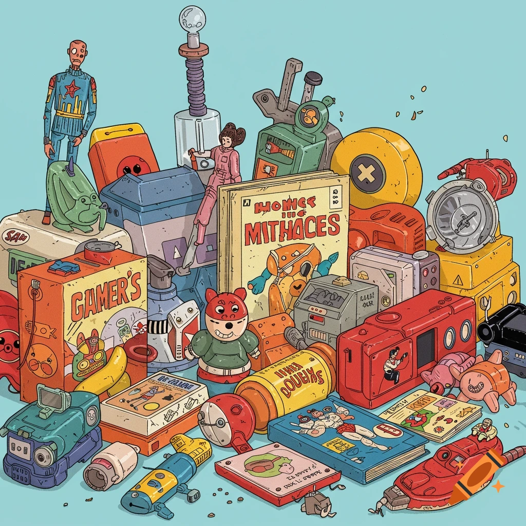 A colorful pile of vintage collectible toys, robots, and items in a stylized image.