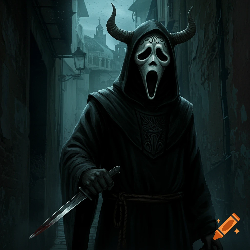 A figure in a hooded robe and Scream mask with horns holding a knife in a dark alley.