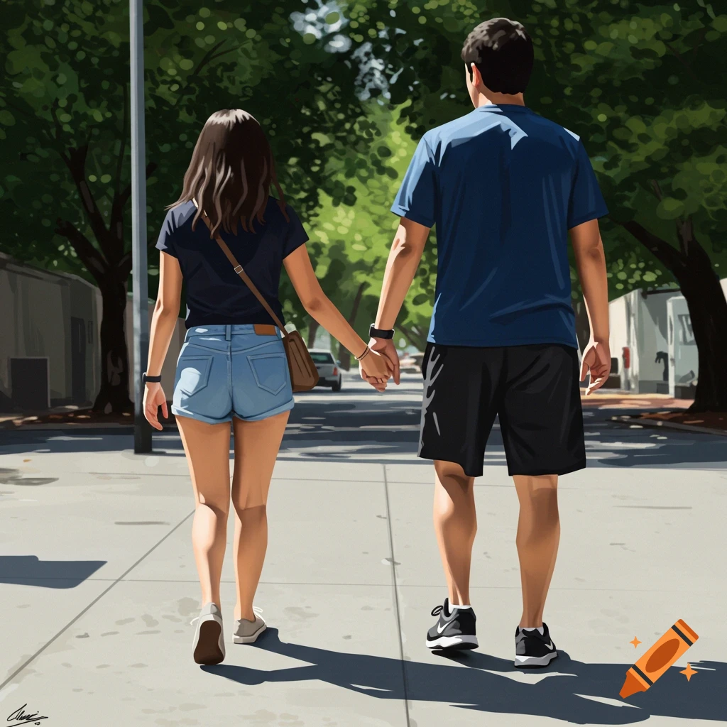 A couple walking away from the viewer on a sidewalk, holding hands.