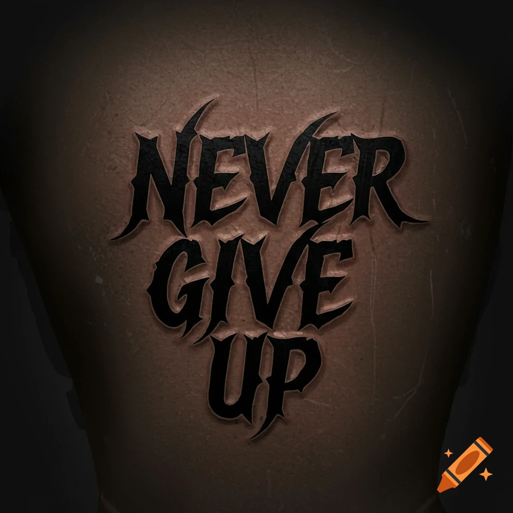 Text 'NEVER GIVE UP' rendered as a dark, spiky tattoo on a textured brown surface.