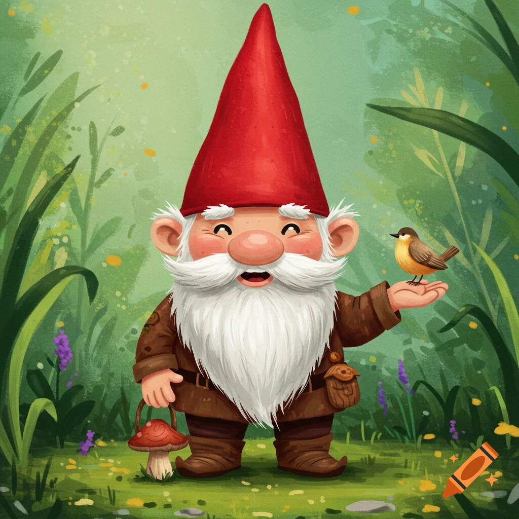 A friendly gnome holding a small bird in his hand, standing in a forest.