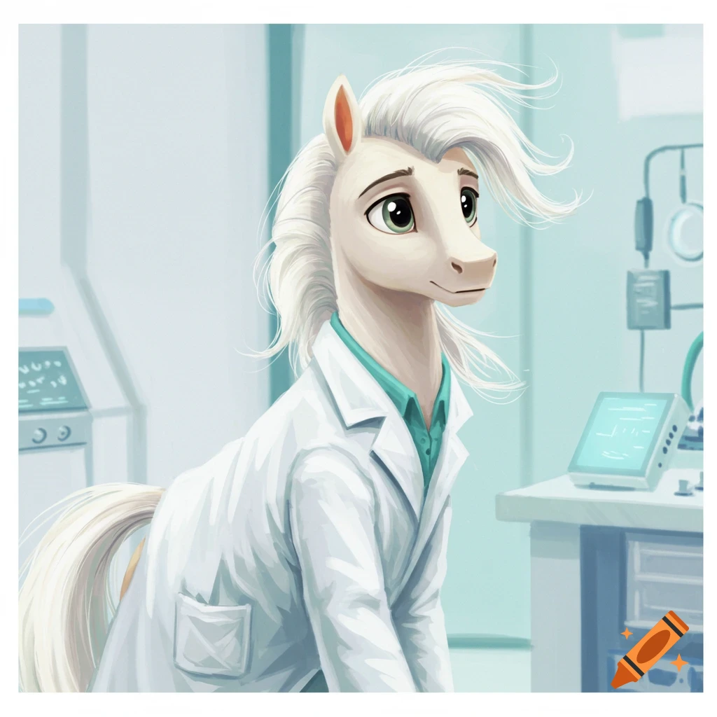 Animated white pony wearing a lab coat in a laboratory setting.