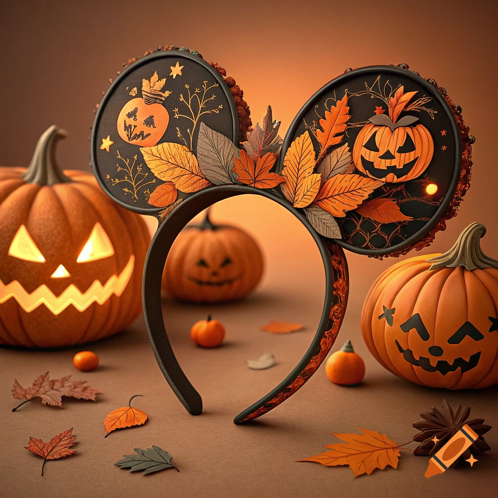 Halloween-themed Mickey Mouse ears surrounded by pumpkins and autumn leaves.
